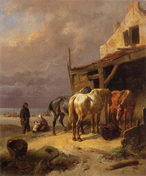 Wouterus Verschuur Draught horses resting at the beach oil painting picture